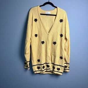 Pappagallo Yellow Diamond Knit Floral Embroidered Button Up Cardigan Sweater L